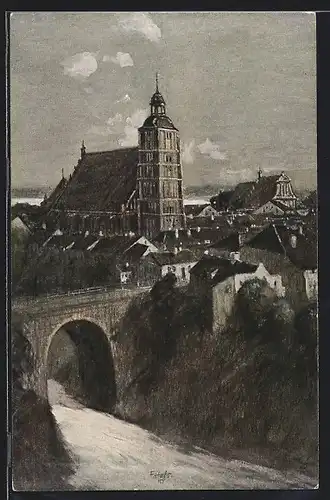 Künstler-AK Fritz Hass: Wartenburg, Die Wartenburg mit Brücke