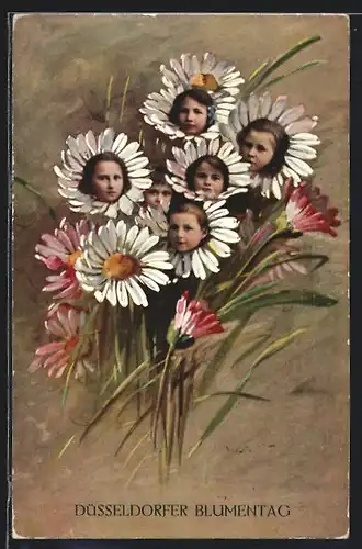 AK Düsseldorf, Düsseldorfer Blumentag, Kindergesichter in Margaritenblüten