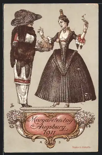 AK Augsburg, Margaretentag 1911, Paar in historischer Kleidung mit Blumenstrauss