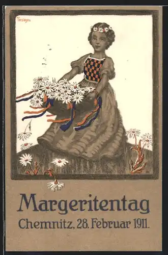 Künstler-AK Chemnitz, Margeritentag 1911, Frau mit Blumenkorb