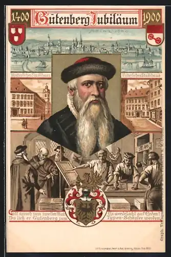 AK Mainz, Gutenberg-Jubiläum 1900, Portrait Johannes Gutenberg, Mütterliches & Väterliches Stammhaus