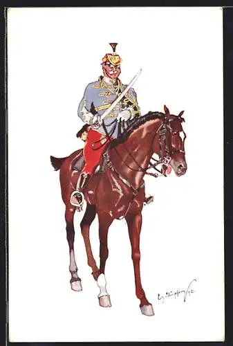 Künstler-AK Fritz Schönpflug: Offizier in Uniform mit Säbel auf seinem Pferd