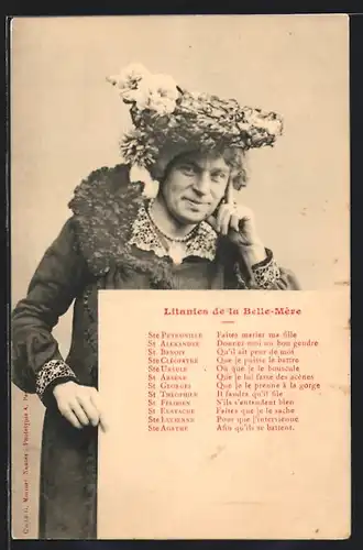 AK Travestiekünstler mit Gedicht Litanies de la Belle-Mère