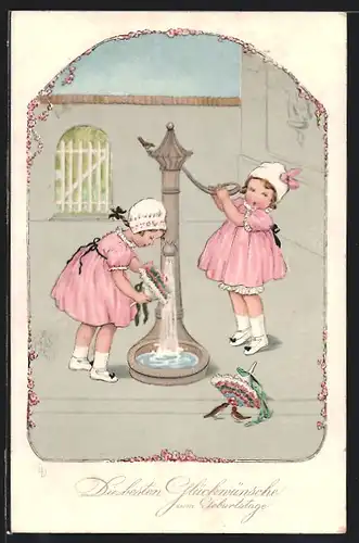 Künstler-AK Meissner & Buch (M&B) Nr. 2396: Kinder im rosa Kleid am Brunnen