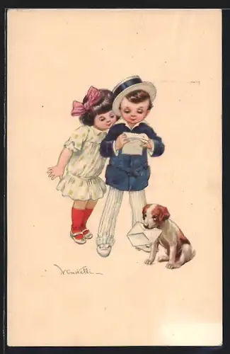 Künstler-AK Castelli: Junge und Mädchen bekommen einen Brief, Hund