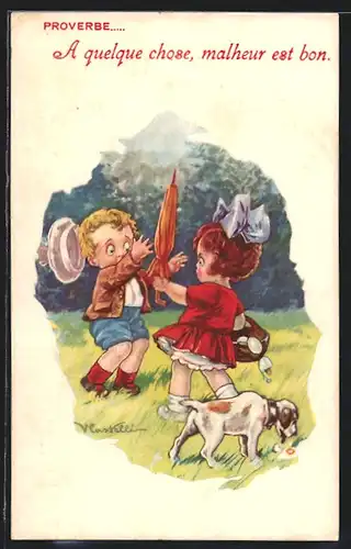 Künstler-AK Castelli: Kinder mit Eierkorb, Hund frisst zerbrochene Eier