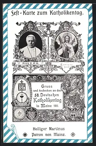AK Mainz, Festkarte zum Katholikentag 1911, Portraits Papst Pius X. und St. Martin