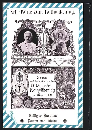 AK Mainz, Festkarte zum Katholikentag 1911, Portraits Papst Pius X. und St. Martin