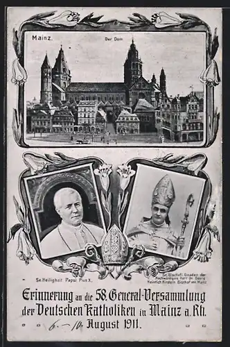 AK Mainz, 58. Generalversammlung der Katholiken Deutschlands 1911, Der Dom, Papst Pius X., Bischof Heinrich Kirstein