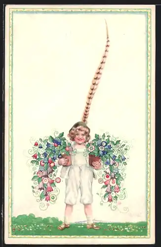 Künstler-AK August Patek: Ich gratuliere, Kleiner Gratulant mit langer Fasanenfeder