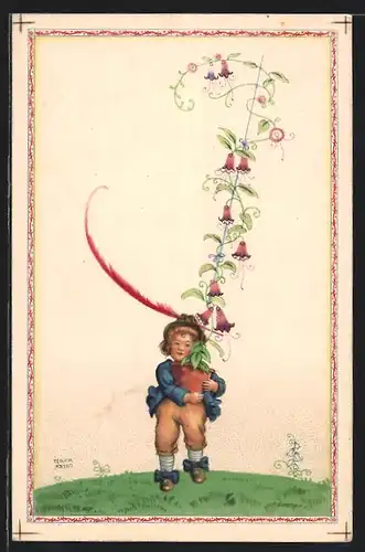 Künstler-AK August Patek: Junge mit grosser Pflanze und riesiger Feder