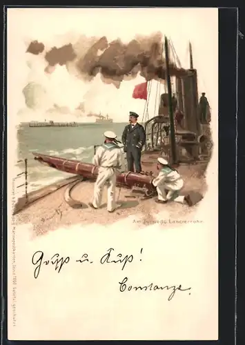 Künstler-AK Hans Bohrdt: Matrosen üben auf dem Kriegsschiff am Torpedo Lancierrohr