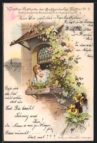 Künstler-AK Meggendorfer Blätter Nr. 3: Mädchen schaut aus dem Fenster, Stiefmütterchen