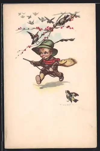 Künstler-AK Castelli: Kleiner Jäger mit Gewehr