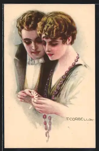 Künstler-AK Tito Corbella: Liebespaar zupft Blütenblätter aus