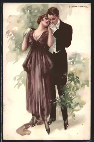 Künstler-AK Tito Corbella: Pärchen in Abendgarderobe schmusend im Garten