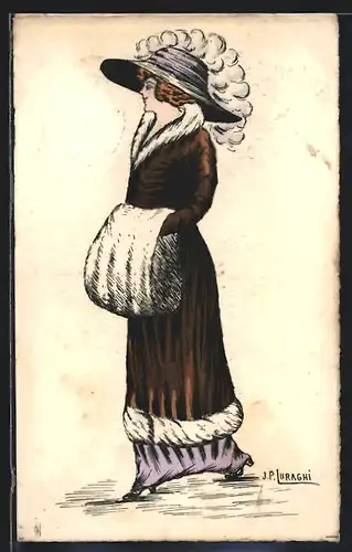 Künstler-AK sign. J. P. Luraghi: Dame im Pelzmantel mit Hut