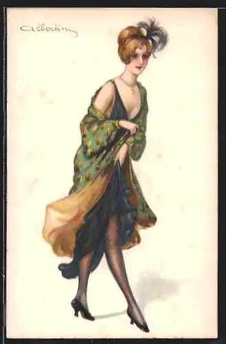 Künstler-AK sign. Albertini: Dame im pfauenfarbenen Kleid