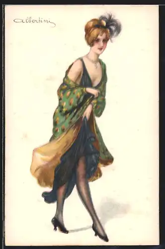 Künstler-AK sign. Albertini: Dame im pfauenfarbenen Kleid