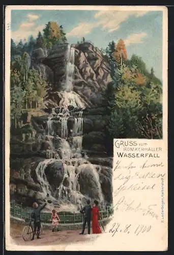 Lithographie Goslar, Passanten mit Fahrrad am Romkerhaller Wasserfall