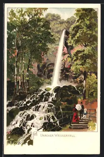 AK Spaziergänger blicken auf den Uracher Wasserfall