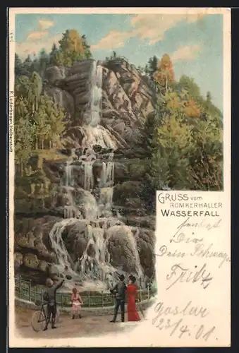 Lithographie Goslar, Passanten mit Fahrrad am Romkerhaller Wasserfall