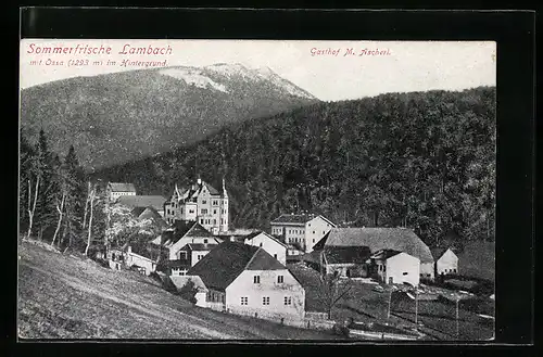 AK Lambach, Ortspartie mit Gasthof M. Ascherl, Im Hintergrund Ossa