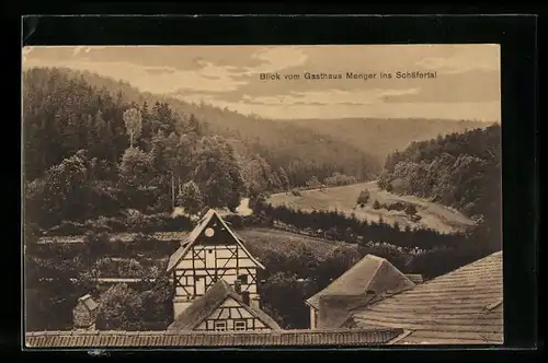 AK Paulinzella, Gasthaus Menger und Blick ins Schäfertal