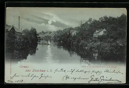 Mondschein-AK Zwickau i. S., Blick von der Paradiesbrücke auf die Mulde