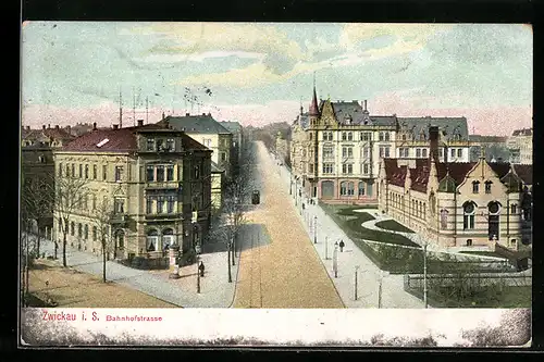 AK Zwickau i. S., Strassenbahn auf der Bahnhofstrasse
