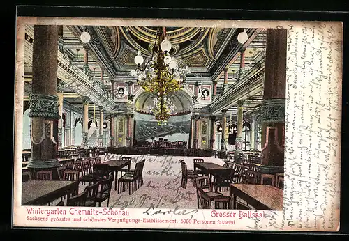 AK Chemnitz-Schönau, Gasthaus Wintergarten, Grosser Ballsaal, Innenansicht