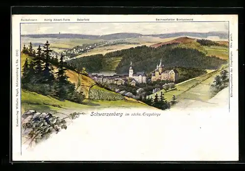 Künstler-AK Schwarzenberg im sächs. Erzgebirge, Teilansicht mit König Albert-Turm, Beierfeld und Rockelmann