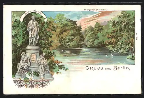 Lithographie Berlin-Tiergarten, Blick auf Goethe-Denkmal, Thiergarten, Neuer See