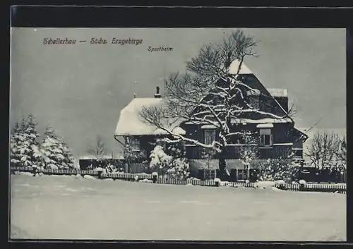 AK Schellerhau /Sächs. Erzgebirge, Blick auf Sportheim im Winter