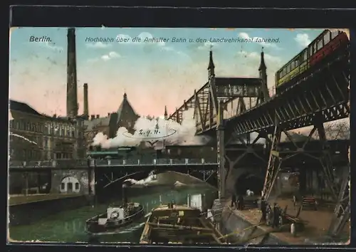 AK Berlin-Kreuzberg, Hochbahn über die Anhalter Bahn und den Landwehrkanal fahrend