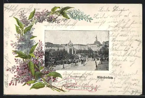 AK Wiesbaden, Blick auf Kochbrunnen, Blumenstrauss