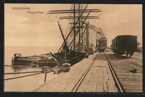 AK Nordenham, Midgard-Pier mit Segelschiff