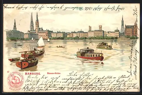 Lithographie Hamburg-Neustadt, Flusspartie Binnen-Alster