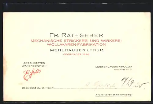 AK Mühlhausen /Thür., Fr. Rathgeber, Mechanische Strickerei- und Wirkerei