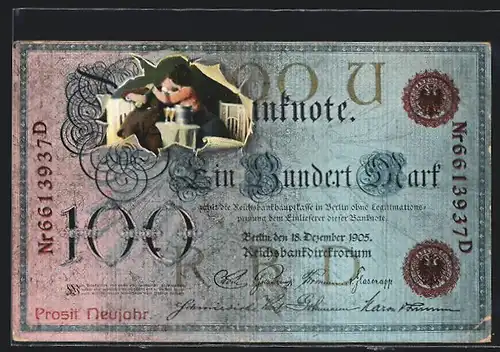 AK Dame und Herr küssen sich hinter Einhundert Mark Schein