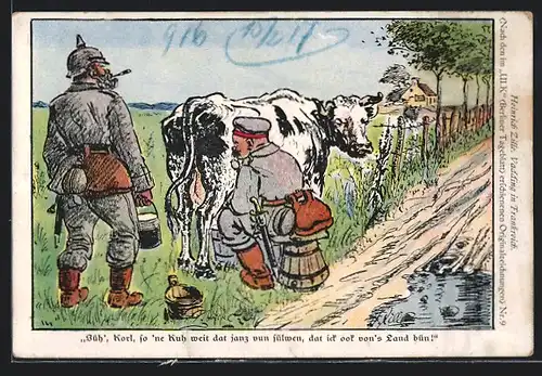 Künstler-AK Heinrich Zille: Vadding in Frankreich, Soldat melkt eine Kuh