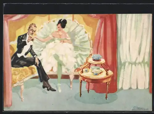 Künstler-AK von Puttkammer: Eleganter Herr im Frack küsst einer Tänzerin die Hand