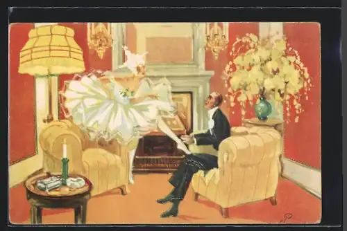 Künstler-AK von Puttkammer: Ballerina wird von elegantem Herren die Schuhe gebunden