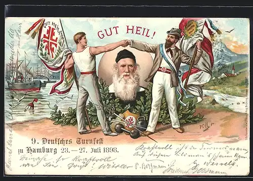 Lithographie Hamburg, Männer Turnverein, 7. Stiftungsfest, Turnfest, Portrait Turnvater Jahn