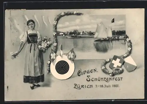 AK Zürich, Eidgen. Schützenfest 1907, Dampfer am Hafen, Frau mit Blumenkorb