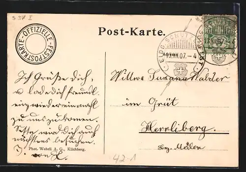 AK Zürich, Eidgen. Schützenfest 1907, Dampfer am Hafen, Frau mit Blumenkorb
