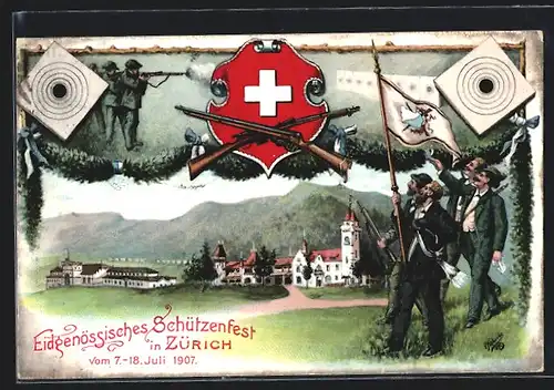 AK Zürich, Eidgenössiches Schützenfest 1907, Schützen mit Fahne und Gewehr unterwegs in die Stadt
