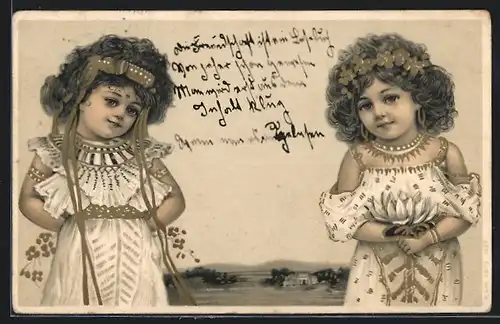 Lithographie Zwei Junge Mädchen mit Kleidern und Kopfschmuck im Jugendstil