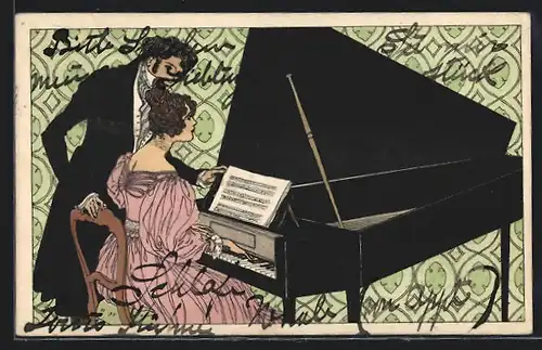 AK Paar am Flügel, Biedermeier