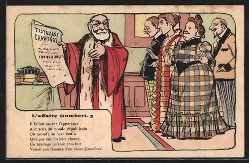 Künstler-AK sign. Vignola: L`affaire Humbert, No. 5, Richter mit Testament Crawfort